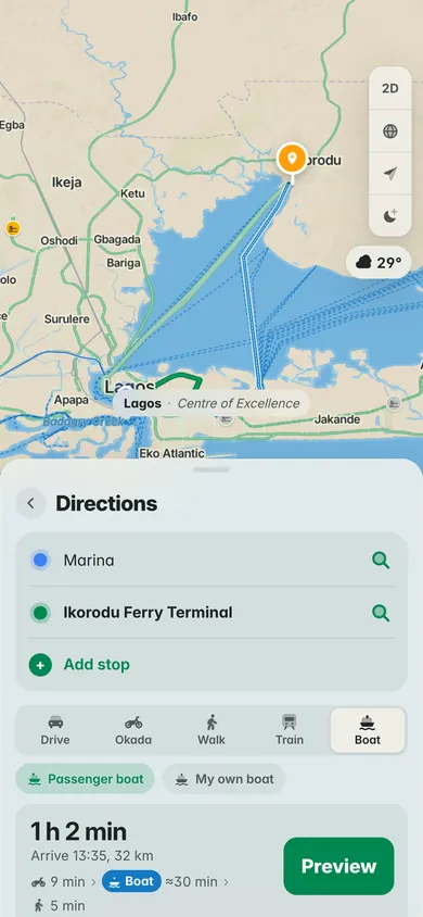 Directions by boat from Marina to Ikorodu Ferry Terminal: Passenger boat or My own boat, 1 h 2 min, with the walk to the jetty