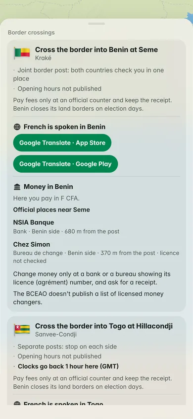 Border crossings on the way to Accra: Seme into Benin, French is spoken in Benin with Google Translate links, money in Benin and banks near the post, then Hillacondji into Togo