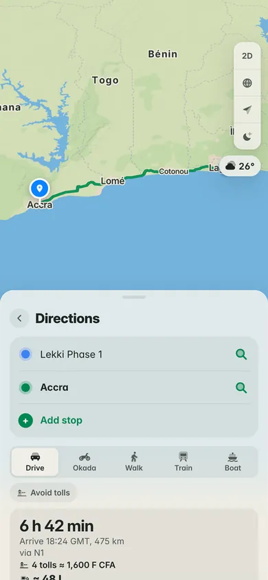 Directions from Lekki Phase 1 to Accra: 6 h 42 min and 475 km by car via the N1, with 4 tolls, 1,600 F CFA