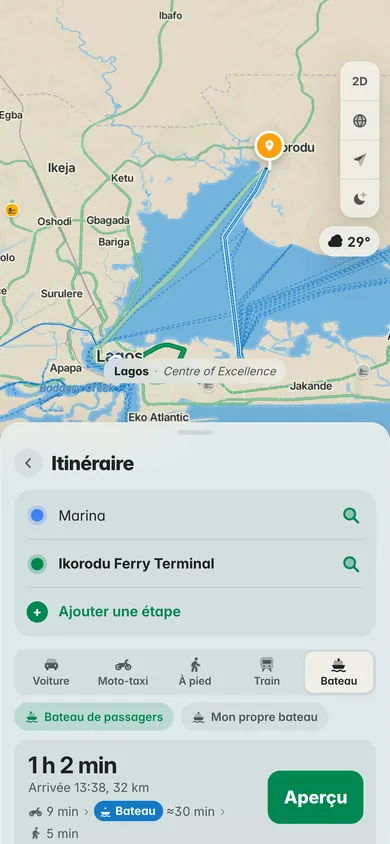 L’itinéraire en mode Bateau : bateau de passagers ou votre propre bateau, avec la marche jusqu’à l’embarcadère et la durée du trajet
