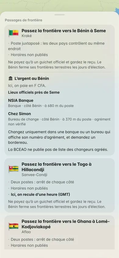 Passages de frontière : le Bénin à Seme, le Togo à Hillacondji, puis passez la frontière vers le Ghana à Lomé-Kodjoviakopé, deux postes, arrêt de chaque côté