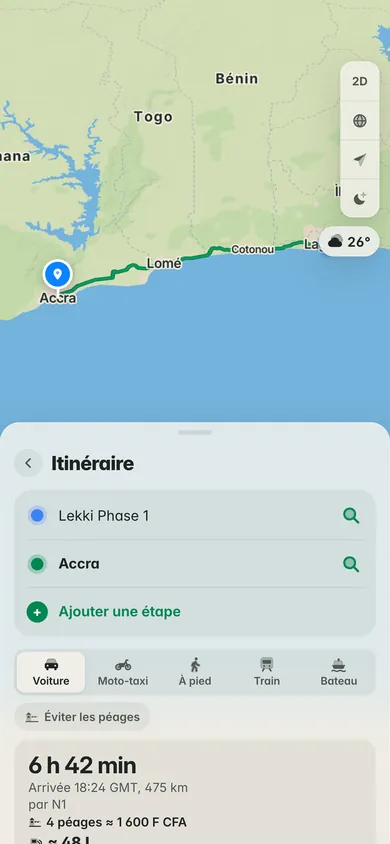 L’itinéraire de Lekki Phase 1 à Accra le long de la côte, par Cotonou et Lomé : 6 h 42 min, quatre péages pour environ 1 600 F CFA