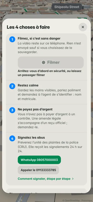 Les 4 choses à faire à un contrôle : filmer si c’est sans danger, rester calme, ne pas payer d’argent, signaler les abus, avec les numéros de l’unité des plaintes de la police