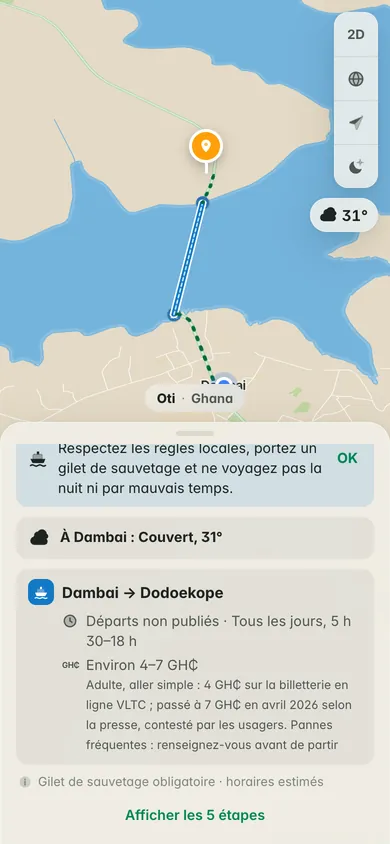 Un bateau sur le lac Volta, de Dambai à Dodoekope : départs non publiés, environ 4 à 7 GH₵, un rappel de porter un gilet de sauvetage et la météo à Dambai