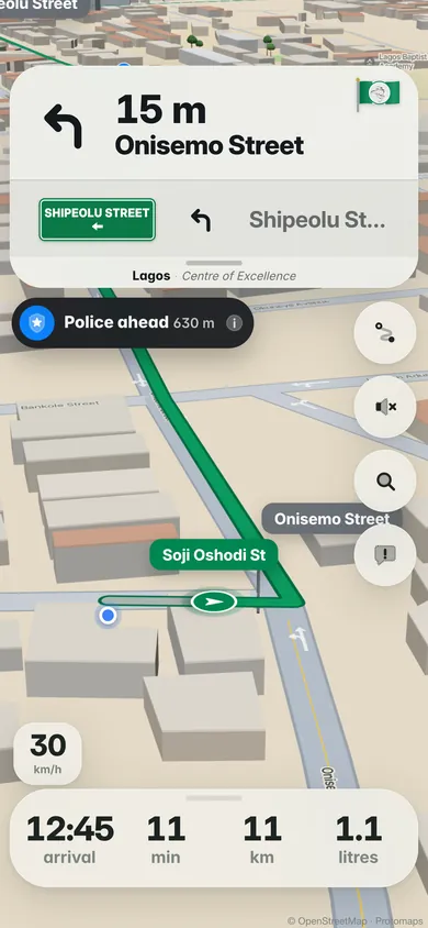 Police ahead, 630 m, shown under the turn card on Onisemo Street
