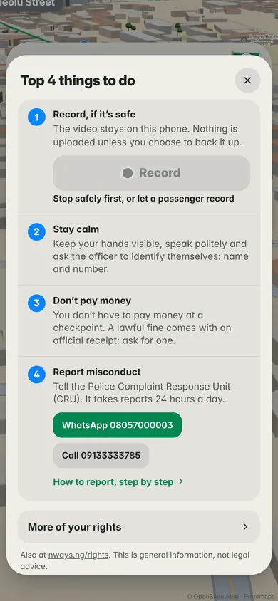 Top 4 things to do at a checkpoint: record if it’s safe, stay calm, don’t pay money, report misconduct, with the numbers to call