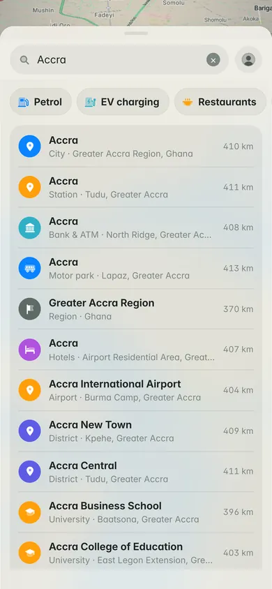 Searching Accra: places in Ghana with how far they are, and Petrol, EV charging and Restaurants shortcuts