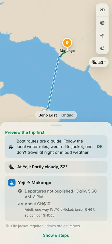 A Lake Volta boat in Ghana, Yeji to Makango: departures not published, about GH₵10, with a life-jacket reminder and the weather at Yeji