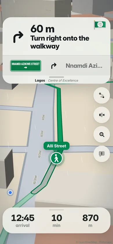 Walking the last bit: 60 m, turn right onto the walkway, with the walker on the pavement beside Alli Street