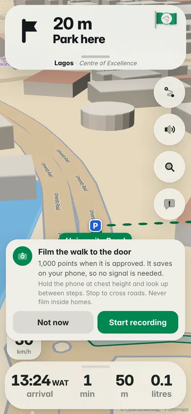 Park here, 20 m: Film the walk to the door, 1,000 points when it is approved, saved on your phone so no signal is needed, with Not now and Start recording