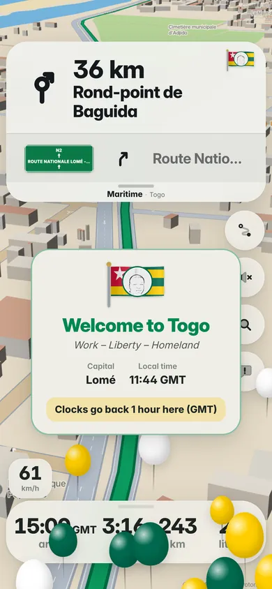 Welcome to Togo on the way to Accra: the flag, the motto, the capital Lomé, the local time and Clocks go back 1 hour here (GMT)