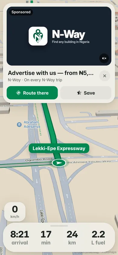 A sponsored billboard at the top of the map while stopped: Advertise with us, with Route there and Save