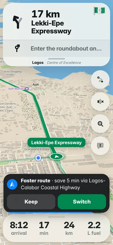 Faster route: save 5 minutes via Lagos-Calabar Coastal Highway. Keep or Switch.