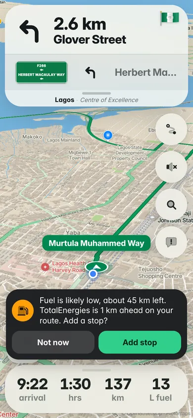 Fuel is likely low, about 45 km left. TotalEnergies is 1 km ahead on your route. Add a stop?