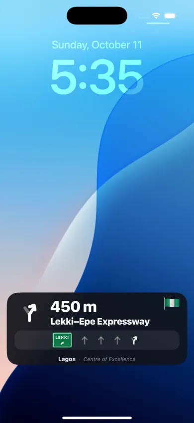 iPhone Lock Screen with N-Way: 450 m, Lekki-Epe Expressway, a green LEKKI sign and lane arrows