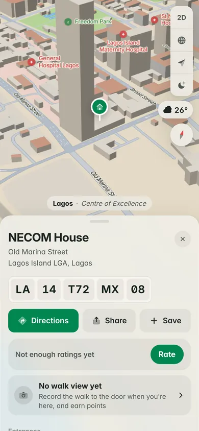 A building's page: NECOM House on Old Marina Street, its postcode plate and a Directions button