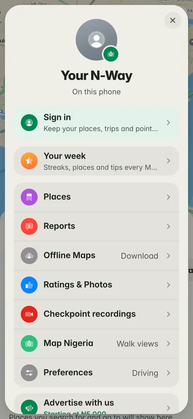 Your N-Way: sign in, your week, places, reports, offline maps, ratings and preferences