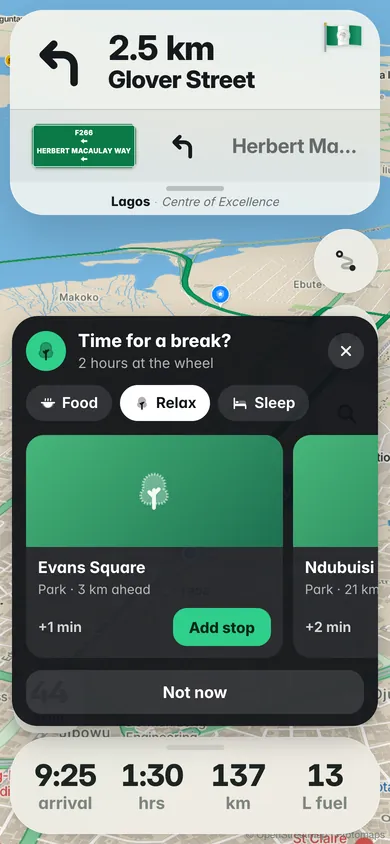 Time for a break? 2 hours at the wheel. Relax: Evans Square, a park 3 km ahead, adds 1 minute.