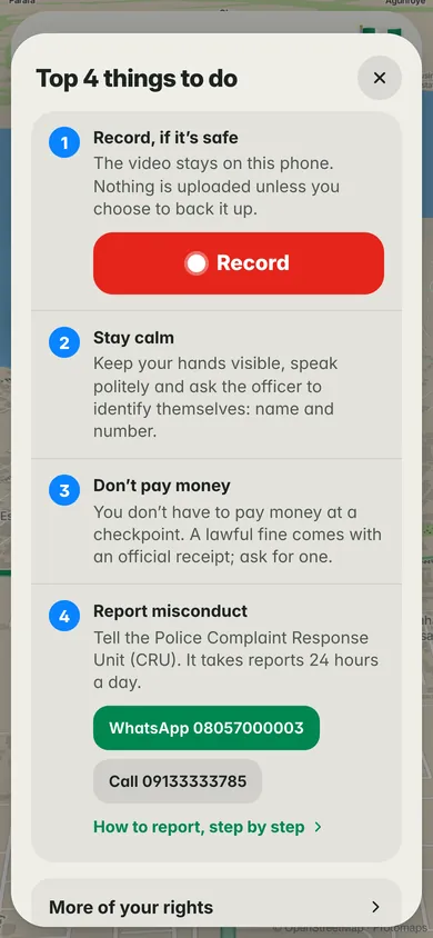 Les quatre choses à faire à un contrôle : filmer si c’est sans danger, rester calme, ne pas payer, signaler (application en anglais)