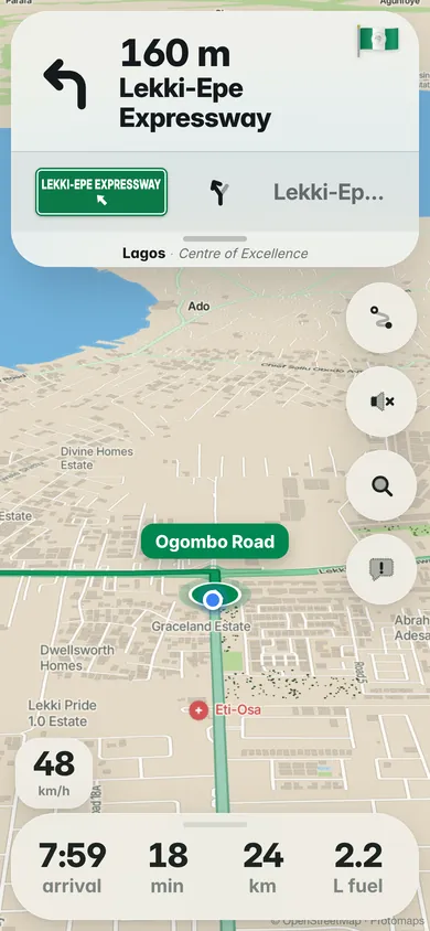 Turn-by-turn on Lekki-Epe Expressway: the turn, a green road sign, lanes and the arrival time