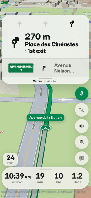 Driving in Ouagadougou: in 270 m, enter Place des Cinéastes and take the 1st exit onto Avenue Nelson Mandela, with the lane arrows; Burkina Faso’s flag on the turn card