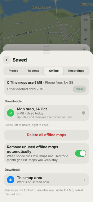 Offline maps in Ouagadougou: “Map area, 14 Oct” downloaded (6 MB), ready to use with no signal