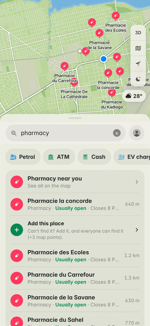 Searching for “pharmacy” in Ouagadougou: Pharmacie la concorde, Pharmacie des Ecoles, Pharmacie du Carrefour and more, on the map and in the list