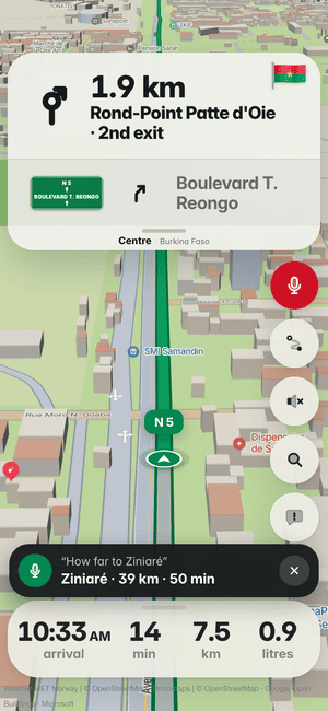 Driving in Ouagadougou, asking by voice “How far to Ziniaré”; the answer: Ziniaré · 39 km · 50 min