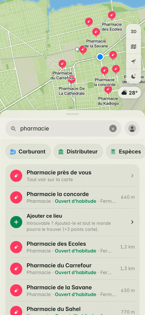 Recherche « pharmacie » à Ouagadougou : Pharmacie la concorde, Pharmacie des Ecoles, Pharmacie du Carrefour et d’autres, sur la carte et dans la liste
