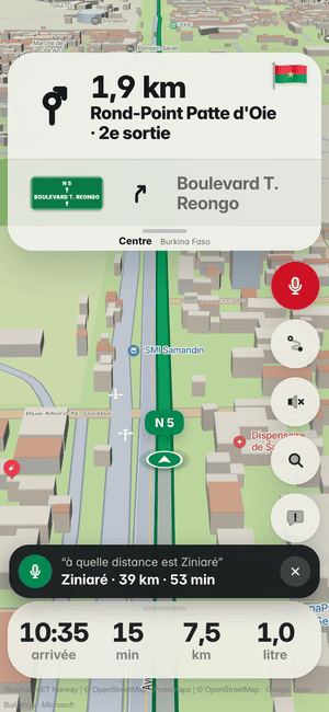 Conduite à Ouagadougou, question à voix haute « à quelle distance est Ziniaré » ; la réponse : Ziniaré · 39 km · 53 min