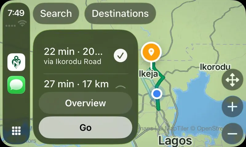 N-Ways on CarPlay: two routes to Ikeja, 22 min via Ikorodu Road or 27 min, with Overview and Go