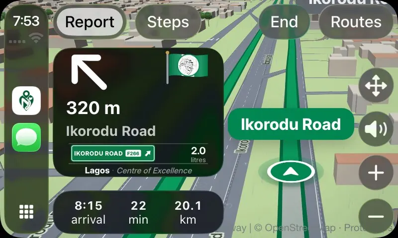 N-Ways on CarPlay by day: in 320 m, turn onto Ikorodu Road, with the green F266 sign, 2.0 litres of fuel, the Lagos flag and arrival at 8:15