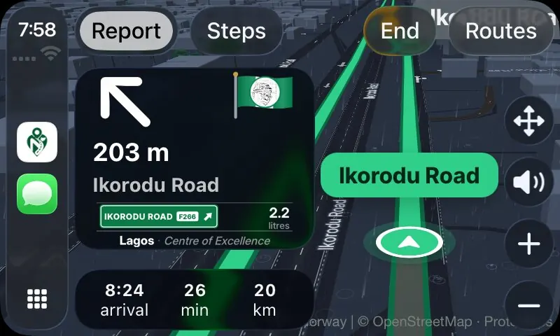 N-Ways on CarPlay at night: the same turn card on the dark map