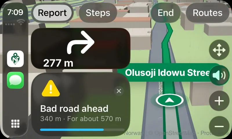 N-Ways on CarPlay: Bad road ahead, in 340 m, for about 570 m