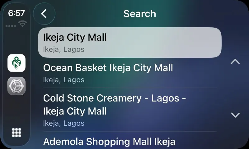 N-Ways on CarPlay: search results for Ikeja City Mall