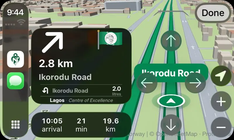 N-Ways on CarPlay: moving the map, with Done and the back-to-the-car button