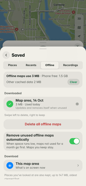 Offline maps in Abidjan: “Map area, 14 Oct” downloaded (3 MB), ready to use with no signal