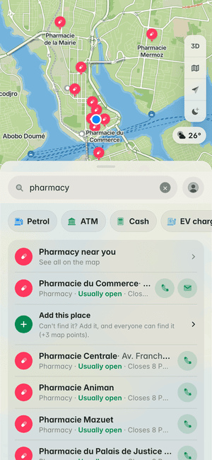 Searching for “pharmacy” in Abidjan: Pharmacie du Commerce, Pharmacie Centrale, Pharmacie Animan and more, on the map and in the list