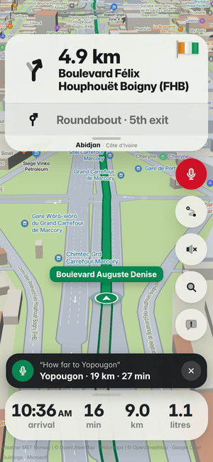 Driving in Abidjan, asking by voice “How far to Yopougon”; the answer: Yopougon · 19 km · 27 min