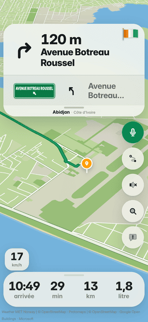 Conduite à Abidjan : dans 120 m, tournez à droite dans Avenue Botreau Roussel ; le drapeau du pays sur la carte de virage