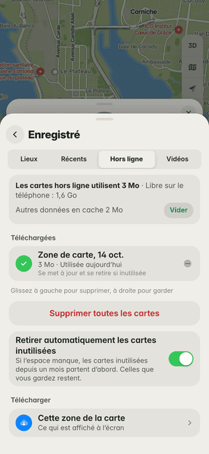 Cartes hors ligne à Abidjan : « Zone de carte, 14 oct. » téléchargée (3 Mo), utilisable sans réseau