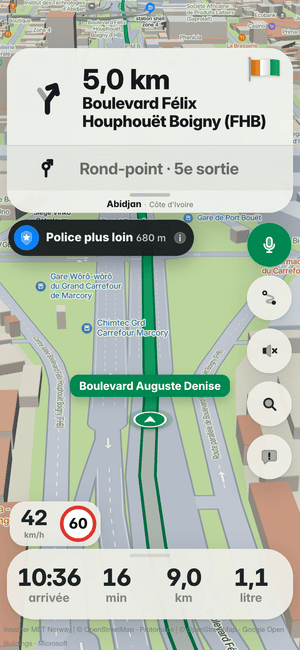 Conduite à Abidjan : l’alerte « Police plus loin 680 m » sous la carte de virage, d’après les signalements d’autres conducteurs