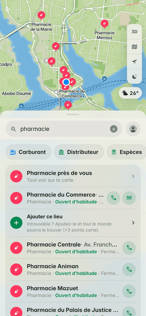Recherche « pharmacie » à Abidjan : Pharmacie du Commerce, Pharmacie Centrale, Pharmacie Animan et d’autres, sur la carte et dans la liste