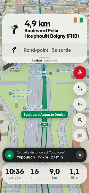Conduite à Abidjan, question à voix haute « à quelle distance est Yopougon » ; la réponse : Yopougon · 19 km · 27 min