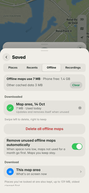 Offline maps in Douala: “Map area, 14 Oct” downloaded (7 MB), ready to use with no signal