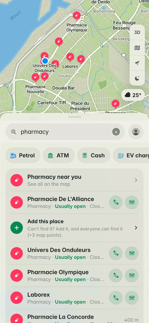 Searching for “pharmacy” in Douala: Pharmacie De L'Alliance, Univers Des Onduleurs, Pharmacie Olympique and more, on the map and in the list