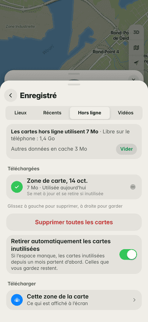 Cartes hors ligne à Douala : « Zone de carte, 14 oct. » téléchargée (7 Mo), utilisable sans réseau