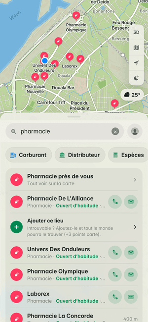 Recherche « pharmacie » à Douala : Pharmacie De L’Alliance, Univers Des Onduleurs, Pharmacie Olympique et d’autres, sur la carte et dans la liste
