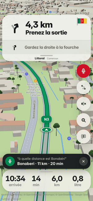 Conduite à Douala, question à voix haute « à quelle distance est Bonabéri » ; la réponse : Bonaberi · 11 km · 20 min