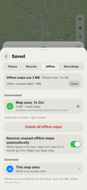 Offline maps in Praia: “Map area, 14 Oct” downloaded (3 MB), ready to use with no signal